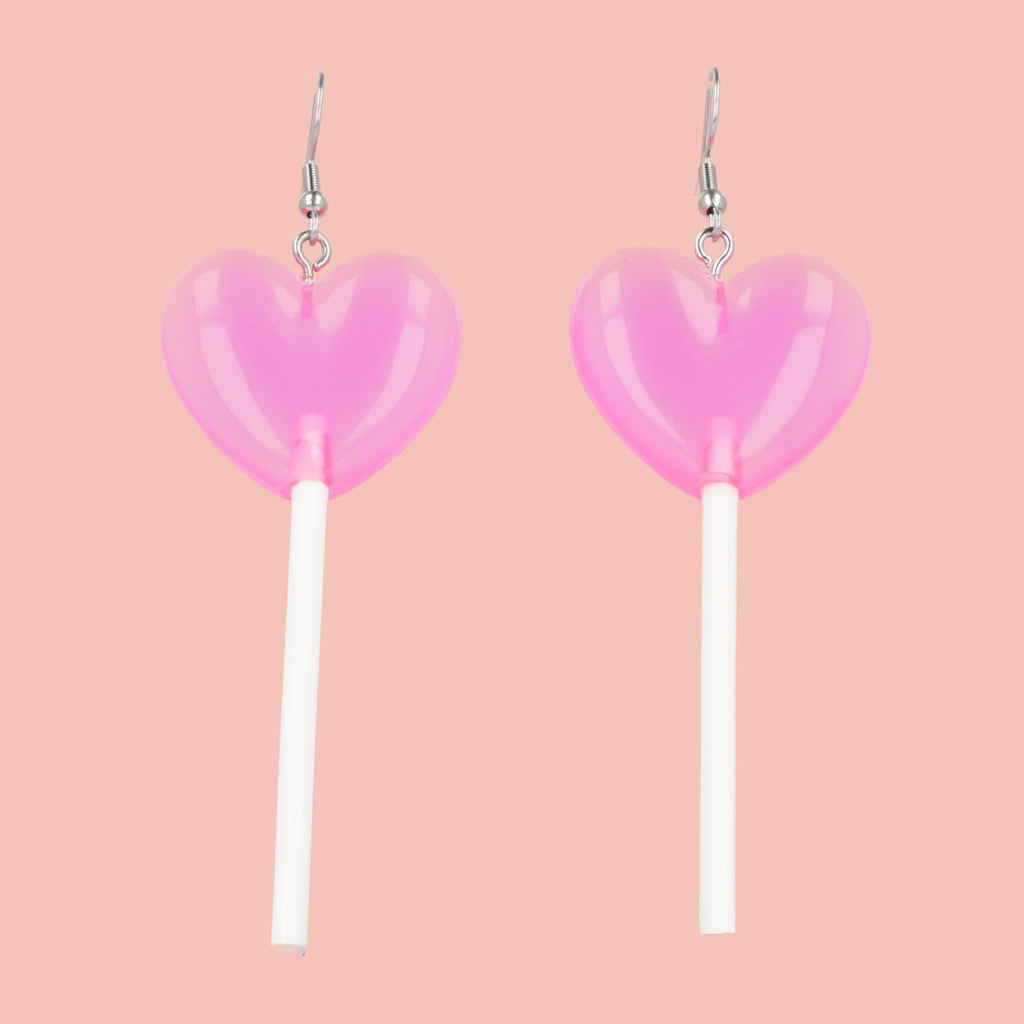 Pink Heart Lollipop Earrings - Sour Cherry