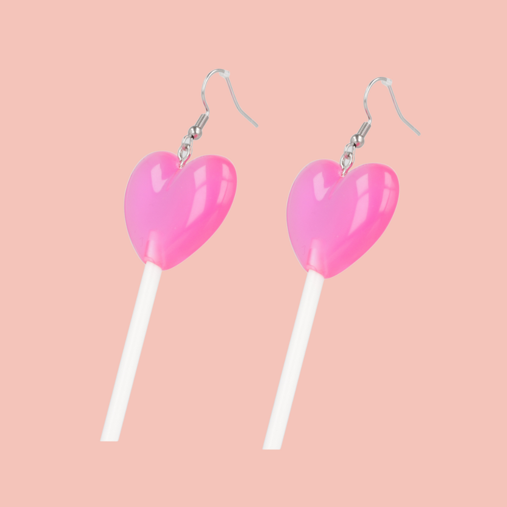 Pink Heart Lollipop Earrings - Sour Cherry
