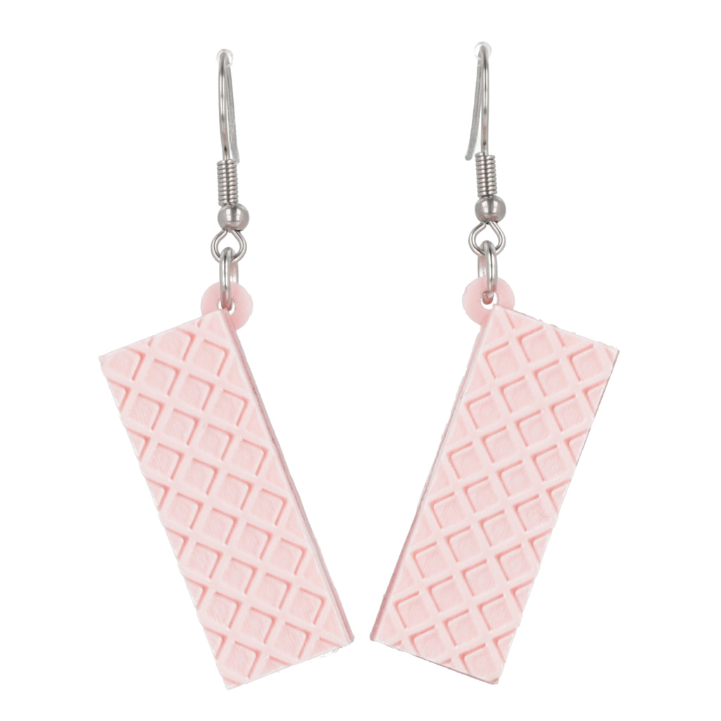Pair of pink wafer earrings on a white background