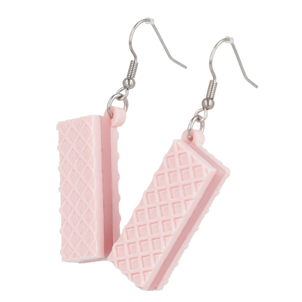 Pair of pink wafer earrings on a white background