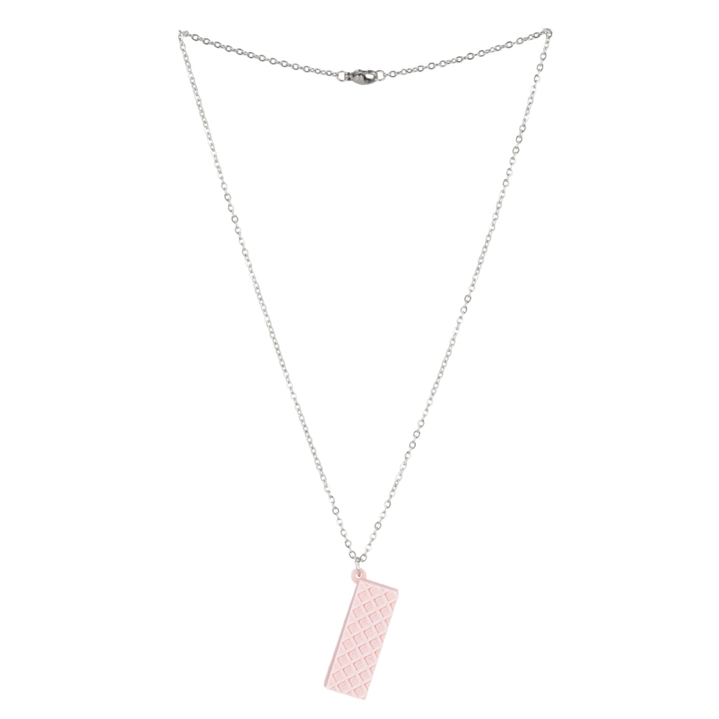 Necklace with a pink wafer pendant on a white background