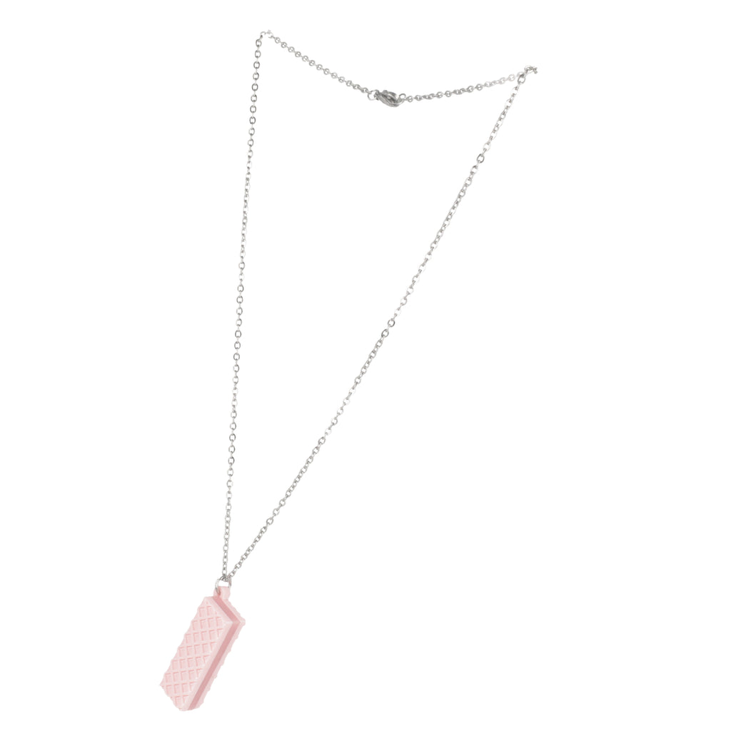 Necklace with a pink wafer pendant on a white background