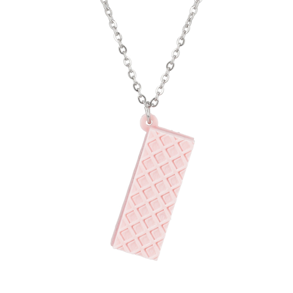 Necklace with a pink wafer pendant on a white background
