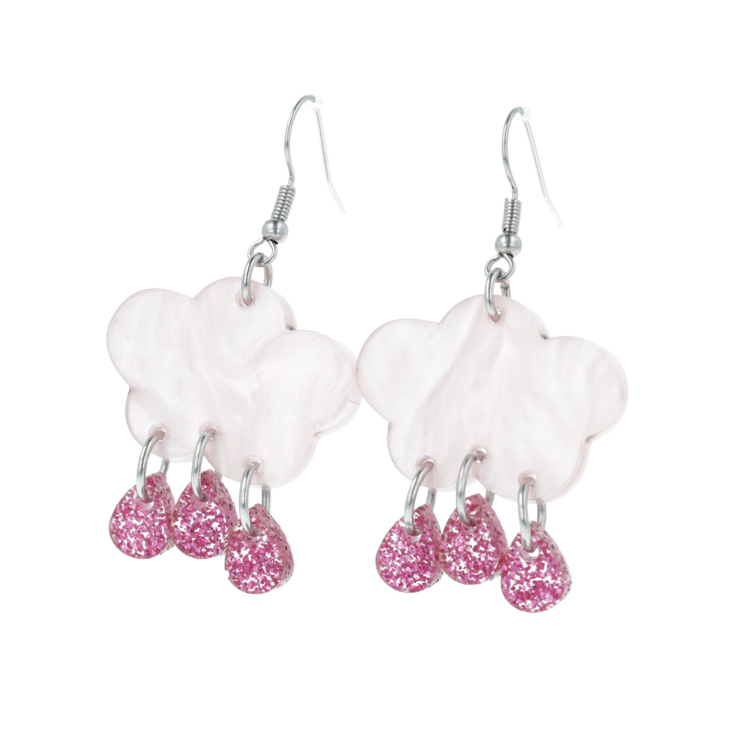 acrylic baby pink marble clouds and pink glitter acrylic raindrop charms on stainless steel earwires