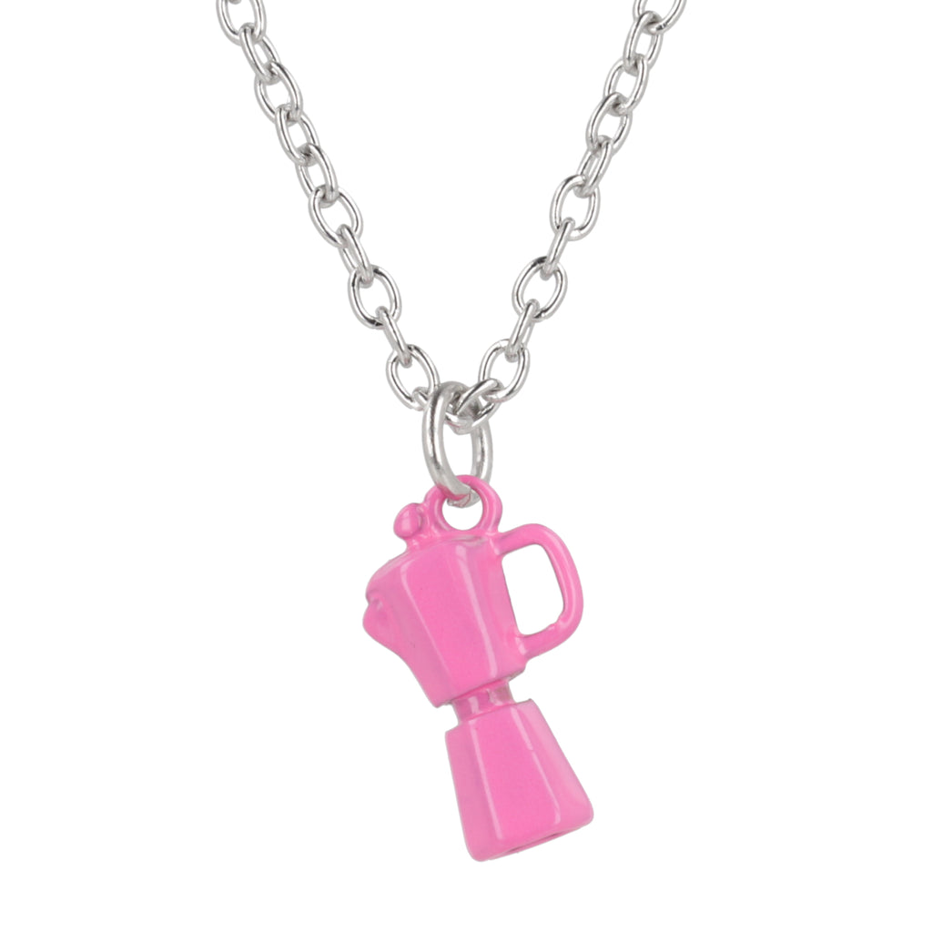 Pink coffee pot charm on a silver chain against a white background