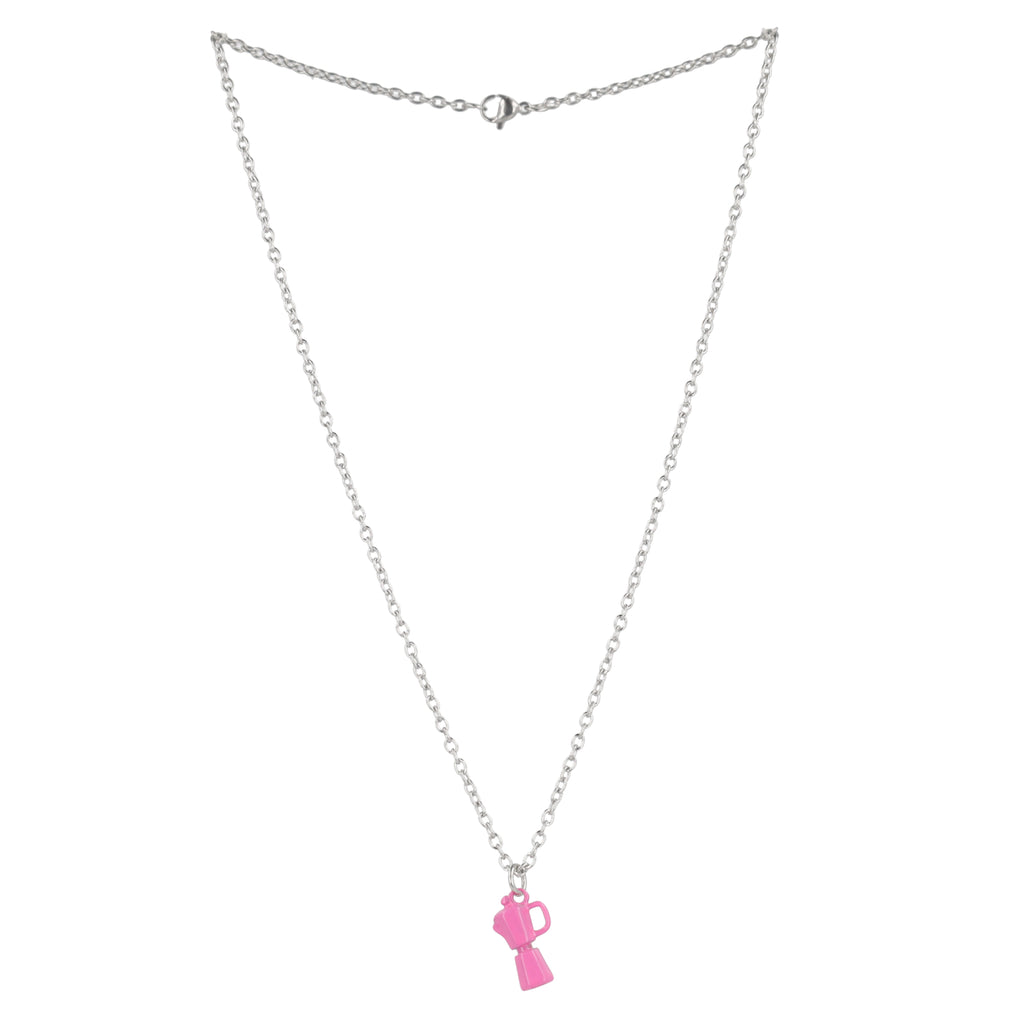 Necklace with a pink coffee pot pendant on a white background