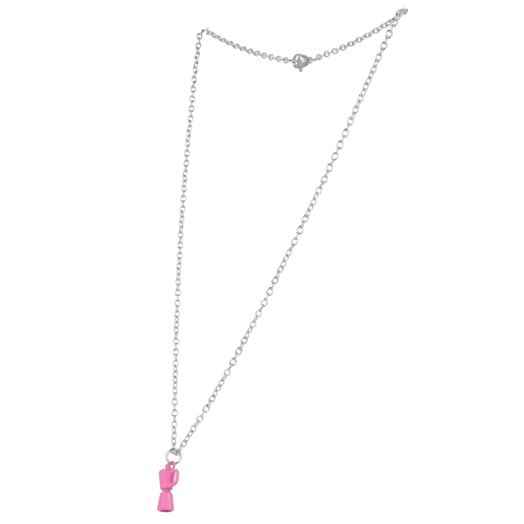 Necklace with a pink coffee pot pendant on a white background
