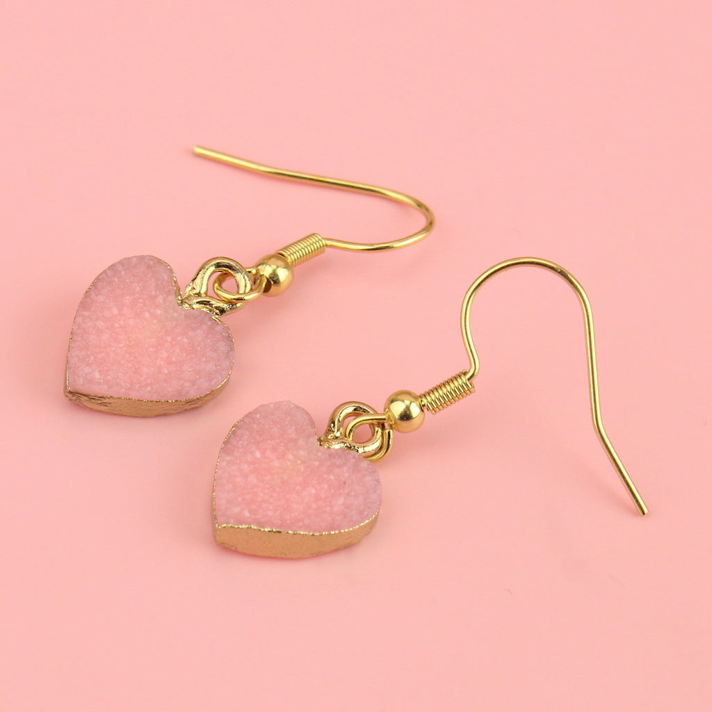 Pink Druzy Heart Earrings - Sour Cherry