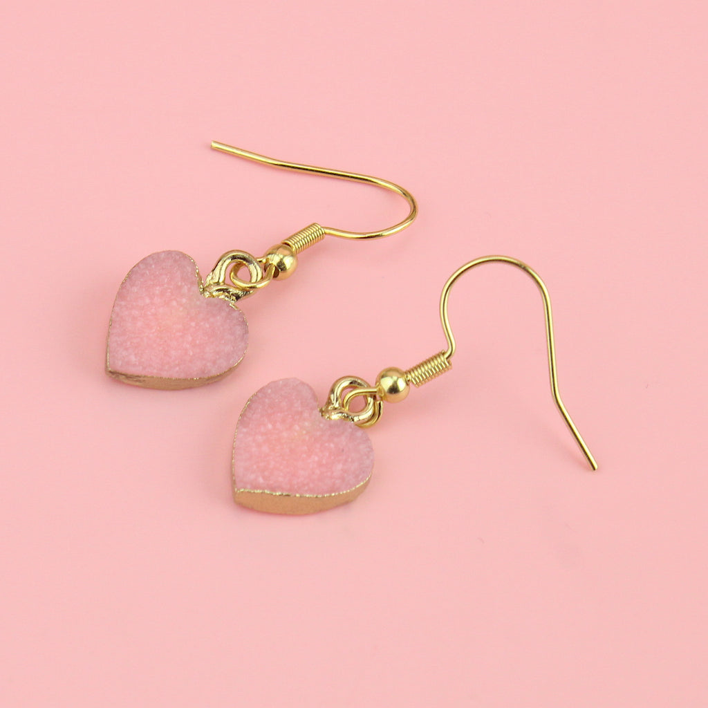 Pink Druzy Heart Earrings - Sour Cherry
