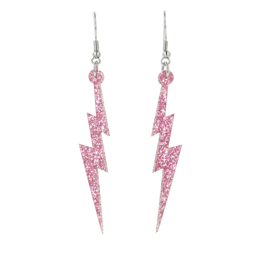Pink glitter acrylic lightning bolt charms on stainless steel earwires