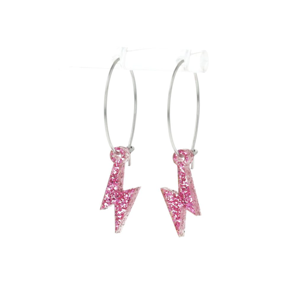 Mini Pink Glitter Lightning Bolt charms on stainless steel hoops