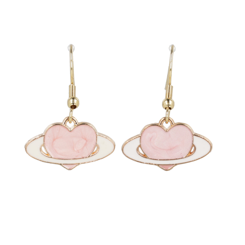 Pink Heart Planet Drop Earrings - Sour Cherry