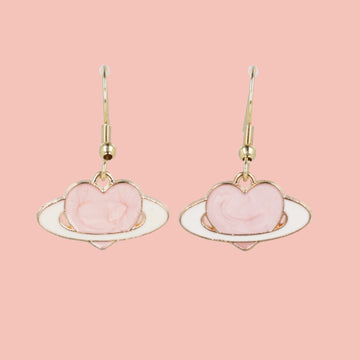 Pink Heart Planet Drop Earrings - Sour Cherry