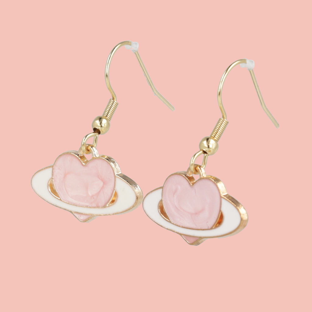 Pink Heart Planet Drop Earrings - Sour Cherry