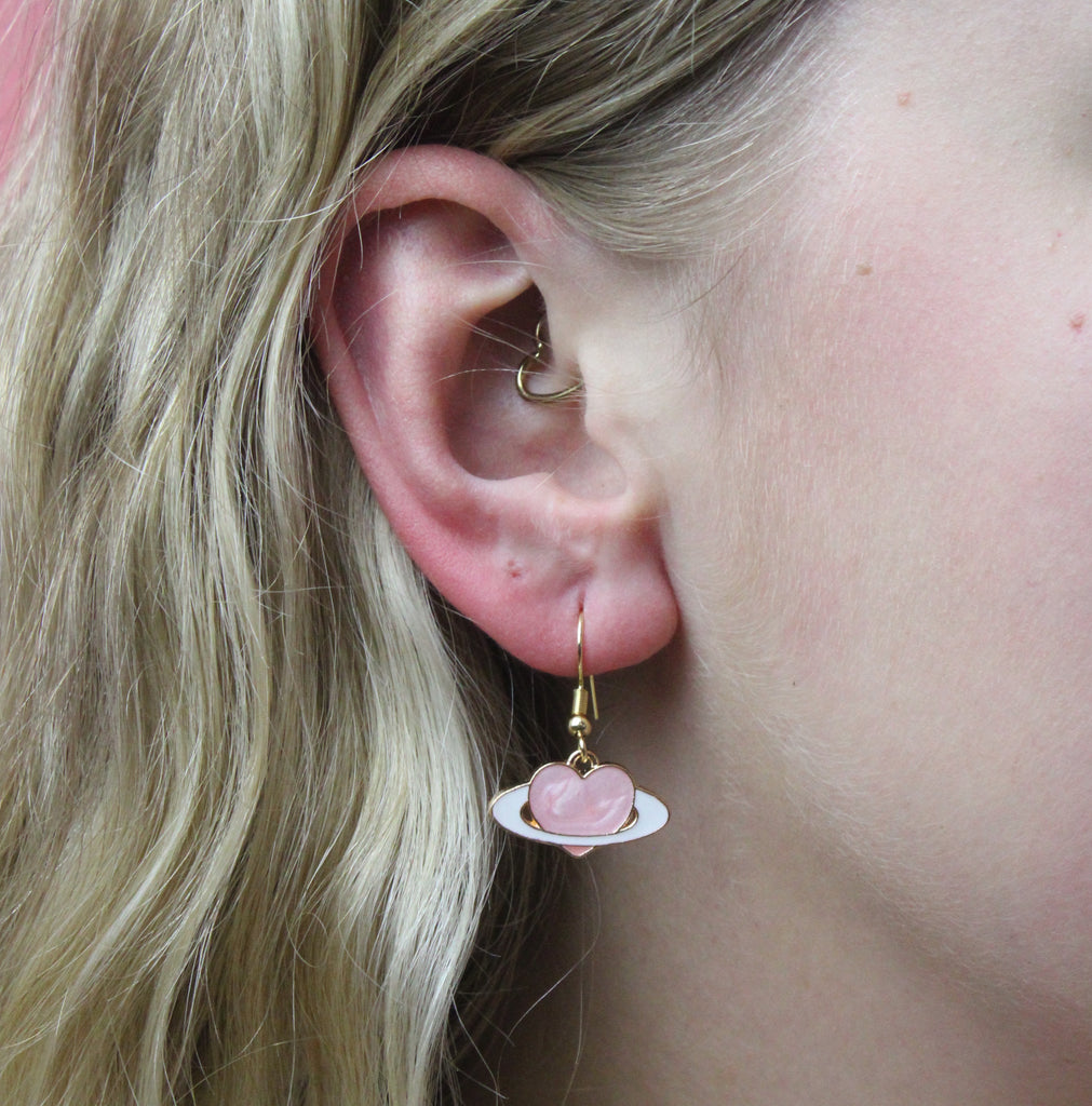 Pink Heart Planet Drop Earrings - Sour Cherry