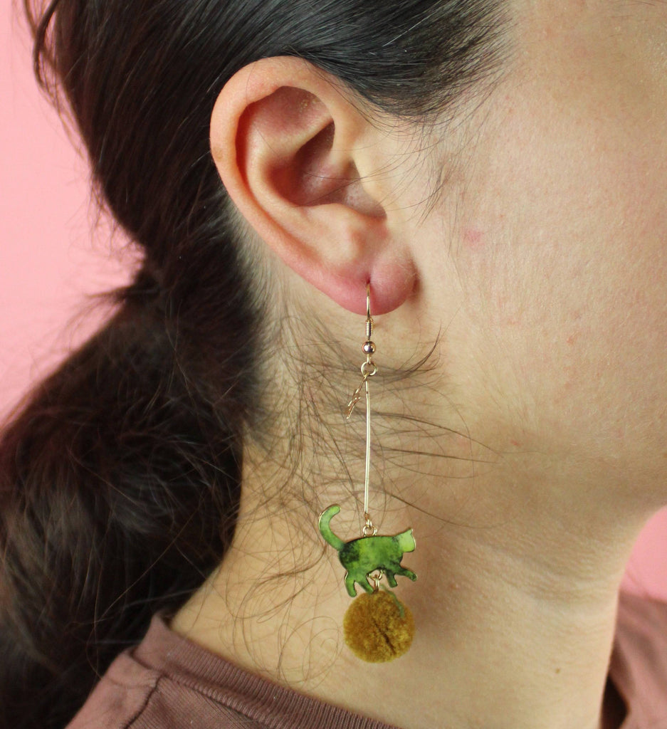 Green Cat Pom Pom Earrings - Sour Cherry