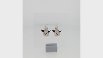 360 view of Grey cat charms with bat wings on stainless steel earwires