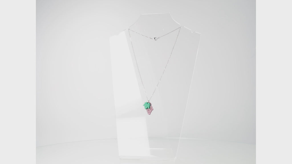 necklace featuring acrylic purple grapes on stainless steel chain