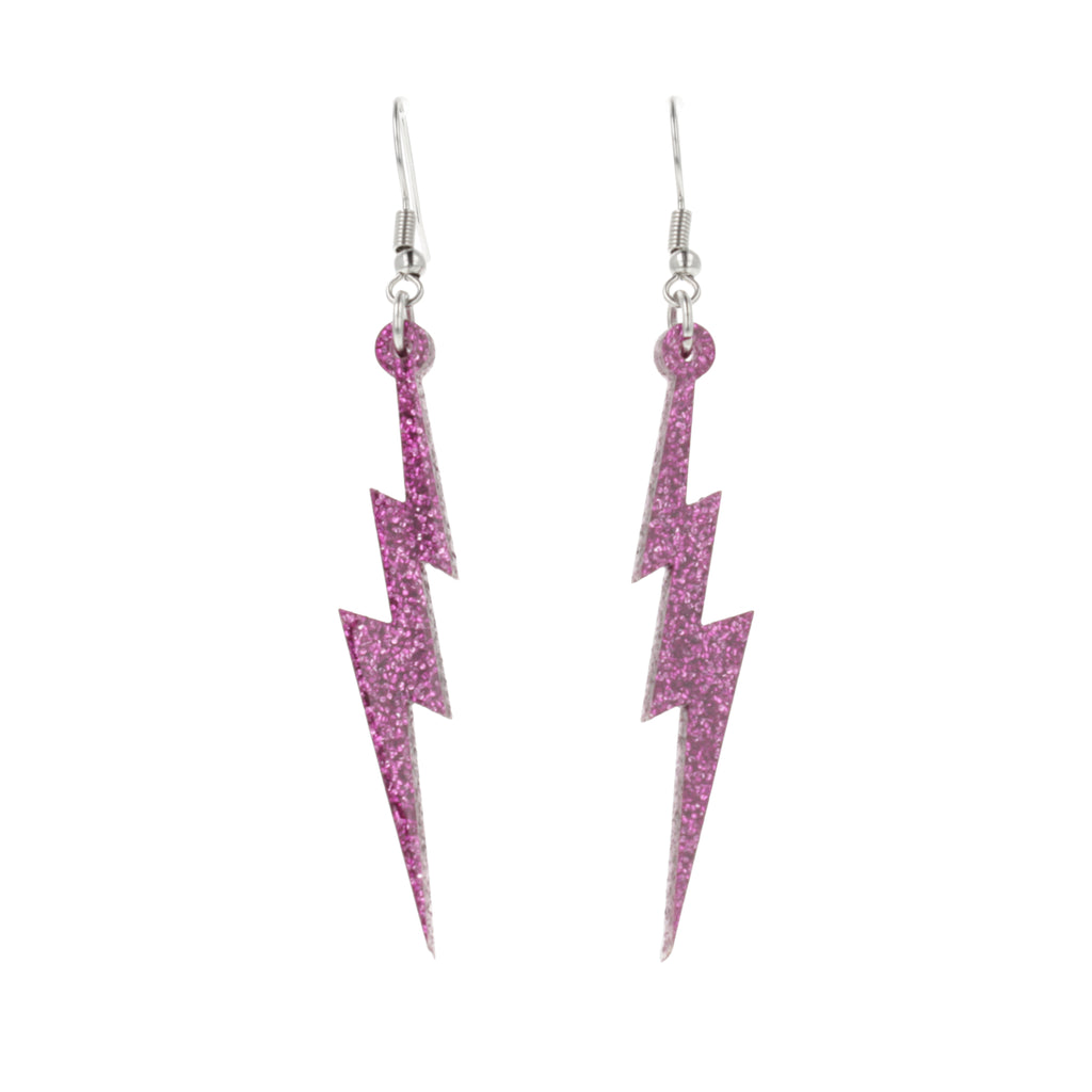 Purple glitter acrylic lightning bolt charms on stainless steel earwires