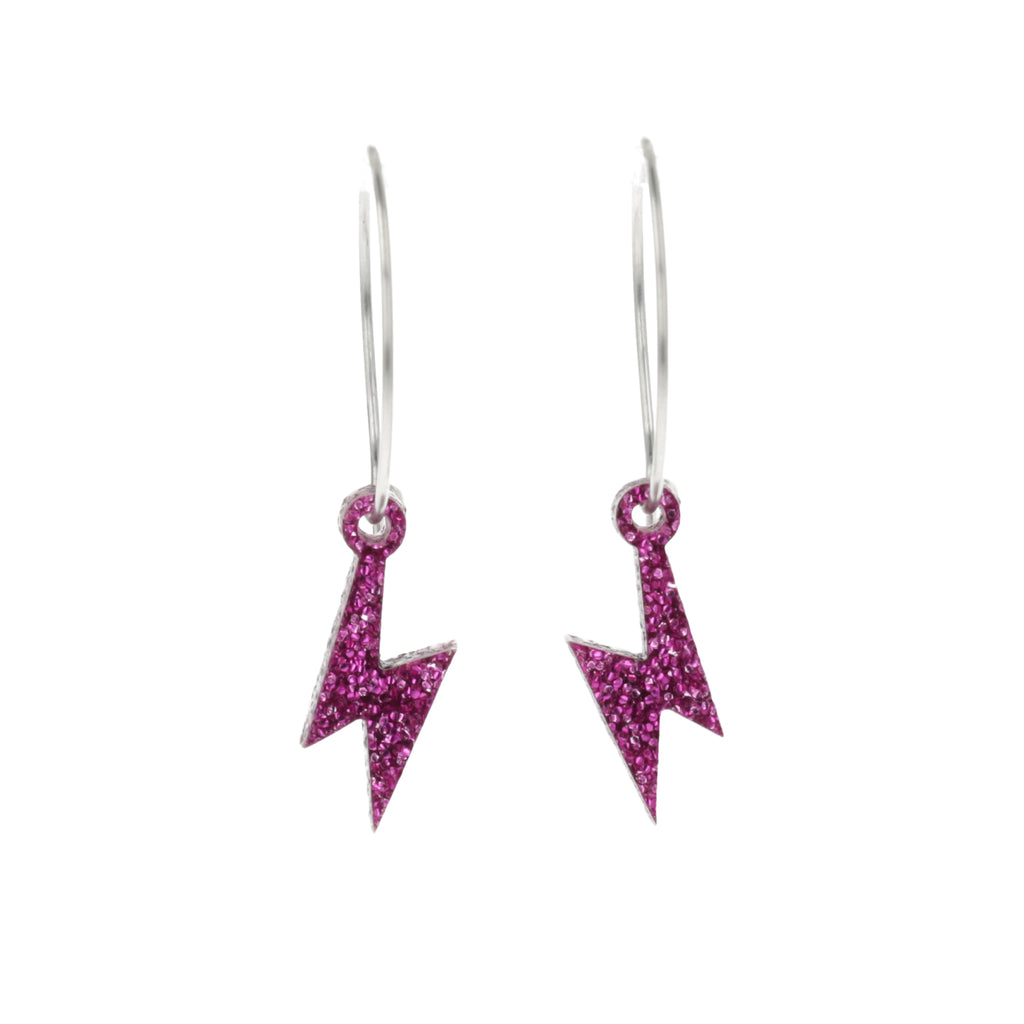 Mini Purple Glitter Lightning Bolt charms on stainless steel hoops