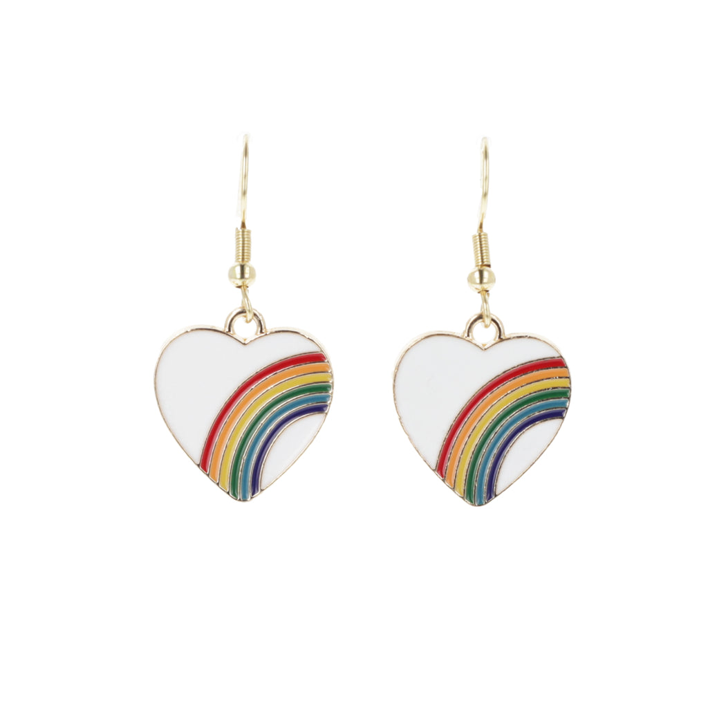 White heart charms with rainbows on them, on gold plated stainless steel earwires