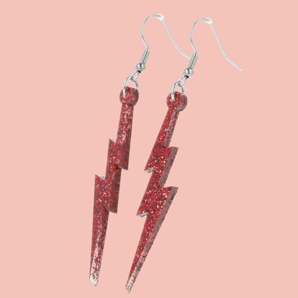 Red Glitter Lightning Bolt Earrings - Sour Cherry
