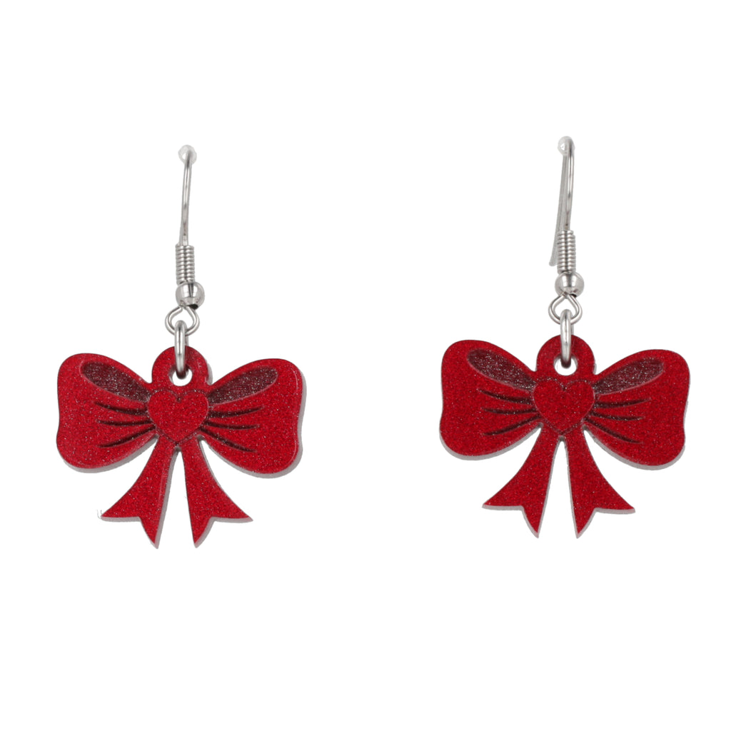 Red bow-shaped earrings on a white background