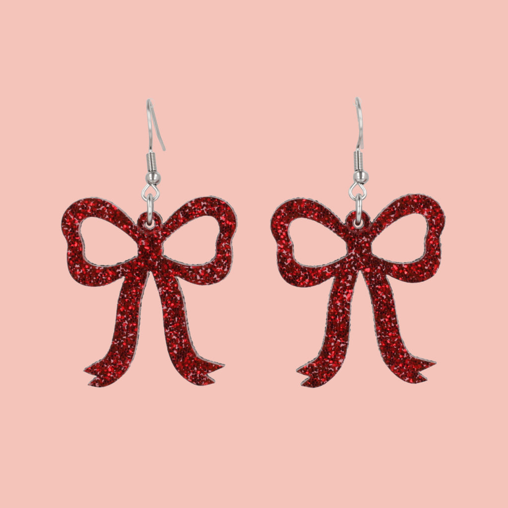 Red Glitter Bow Earrings - Sour Cherry