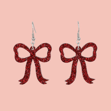 Red Glitter Bow Earrings - Sour Cherry