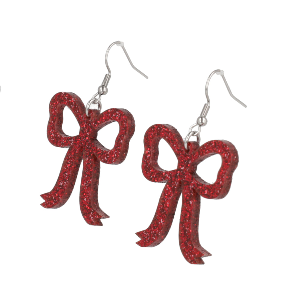 Red Glitter Bow Earrings - Sour Cherry