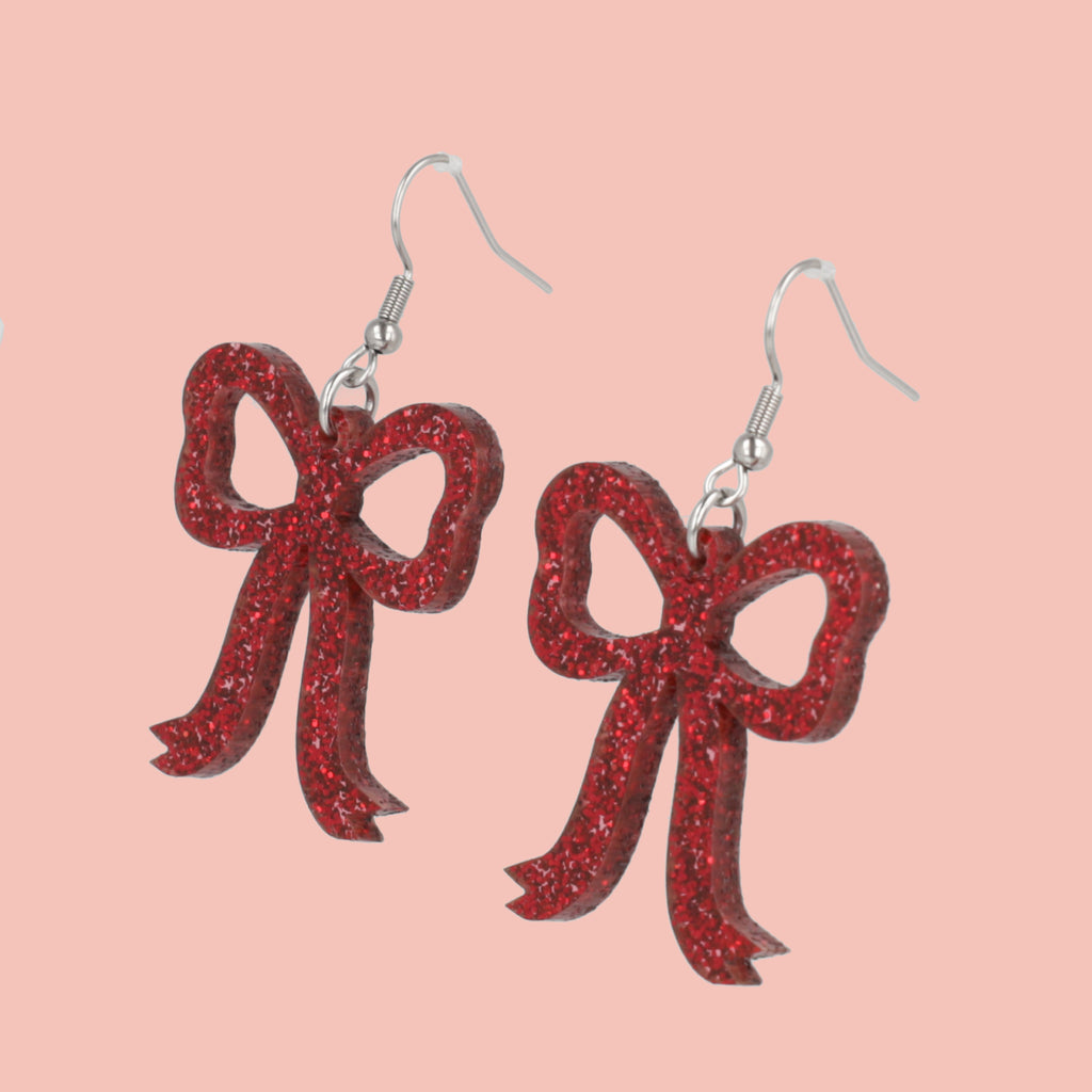 Red Glitter Bow Earrings - Sour Cherry