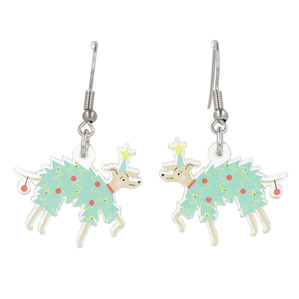 Greyhound wearing a Christmas tree on earwires 
