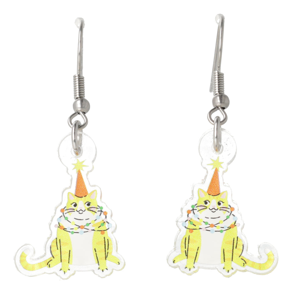 Cat-themed earrings with a white background