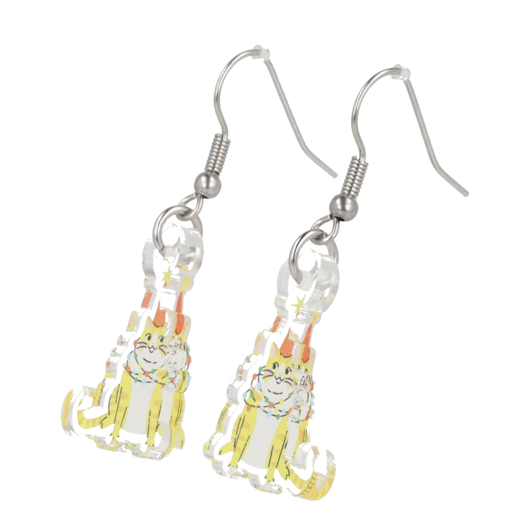 Cat-themed earrings with a white background