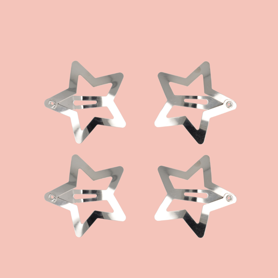 set of 4 star shaped silver hair clips