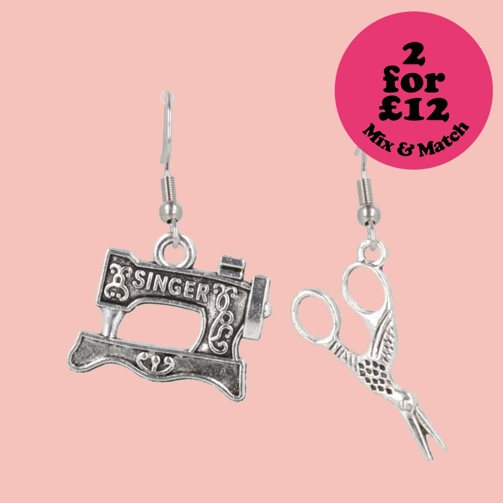 Singer Sewing Machine & Scissor Earring Mix - Sour Cherry