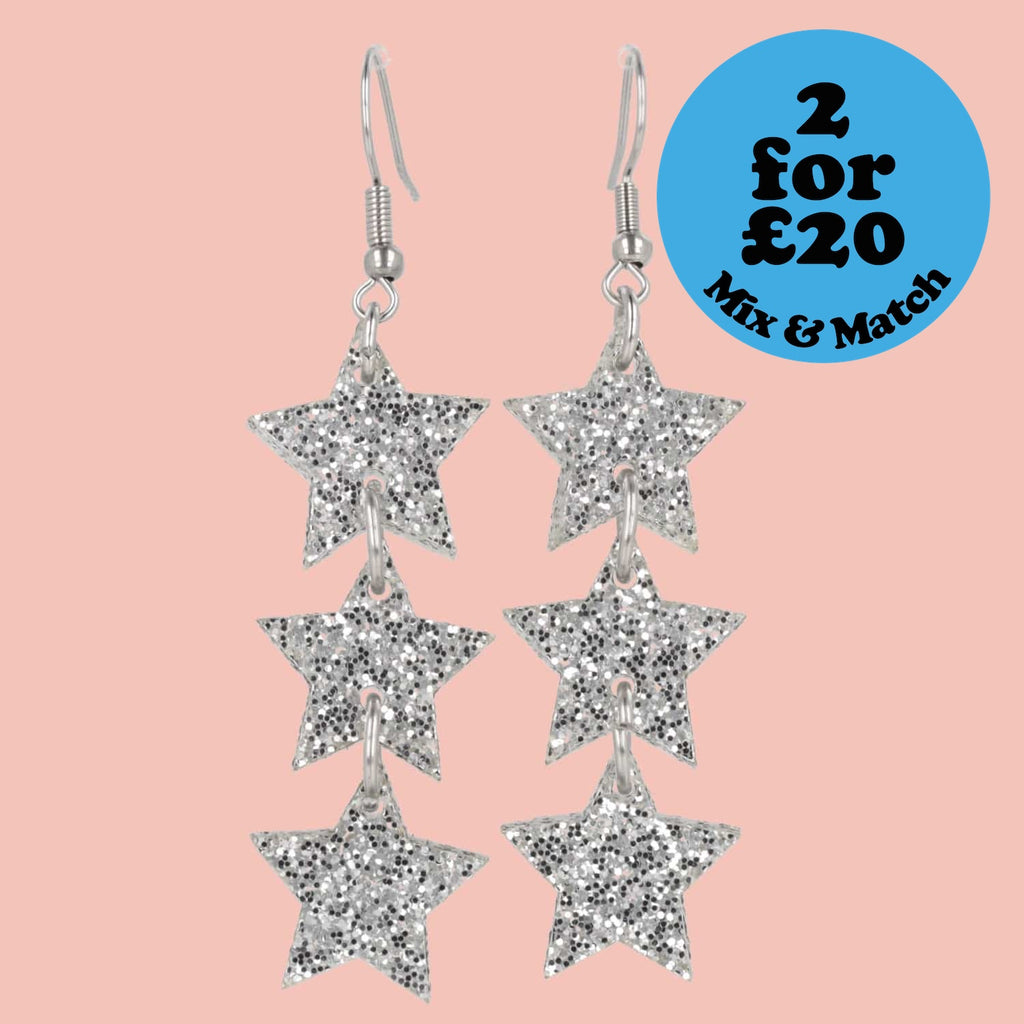 Silver Glitter Star Trio Earrings - Sour Cherry