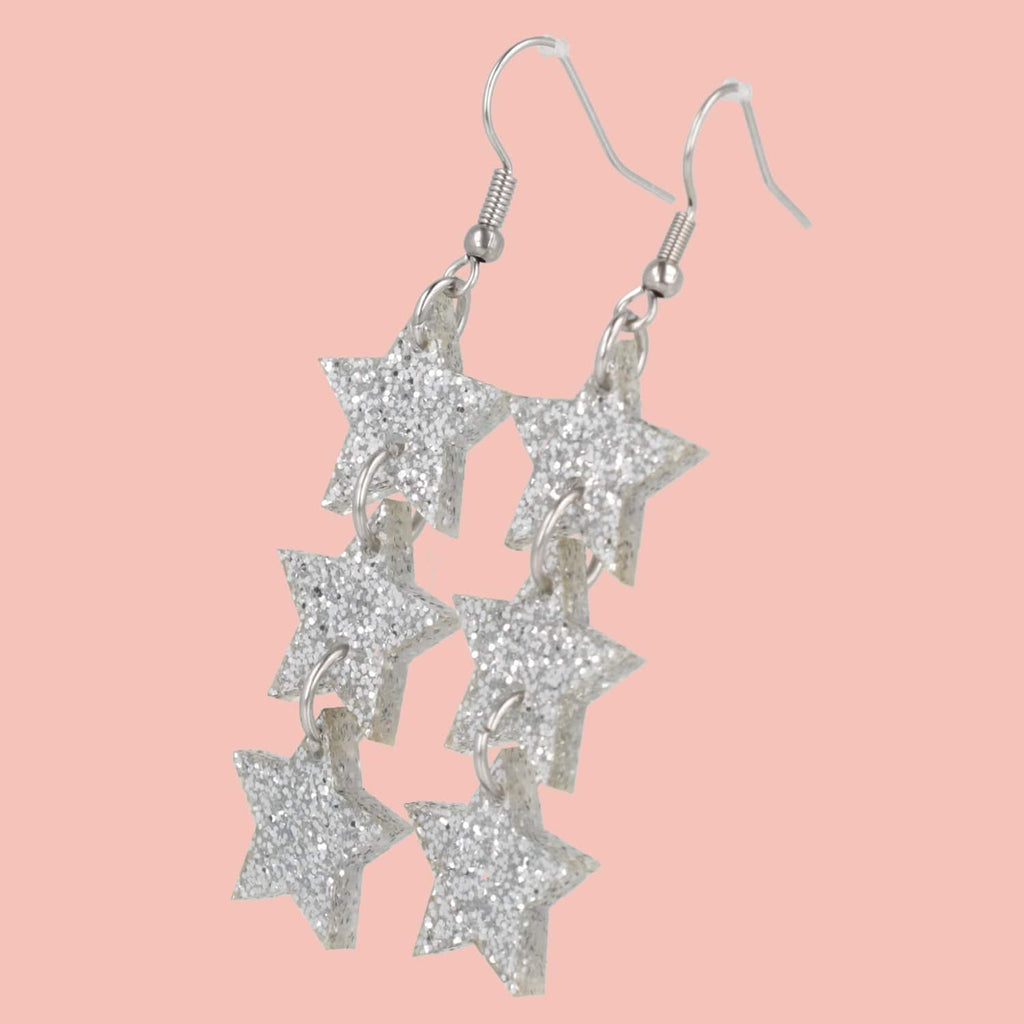 Silver Glitter Star Trio Earrings - Sour Cherry
