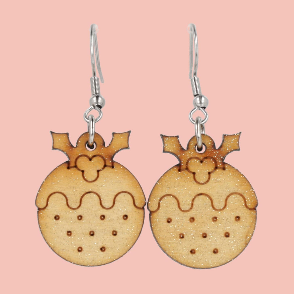 Small Wooden Christmas Pudding Earrings - Sour Cherry