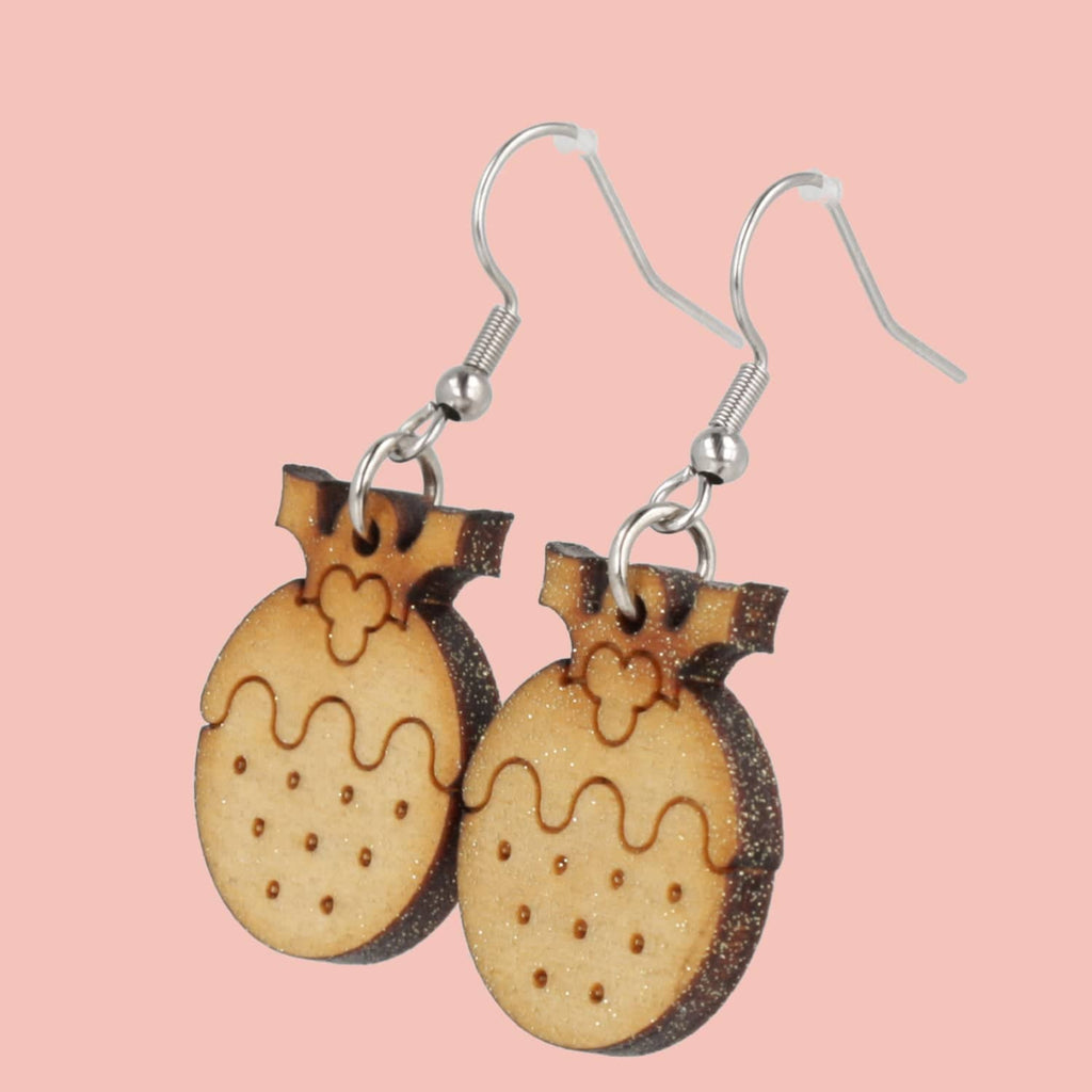 Small Wooden Christmas Pudding Earrings - Sour Cherry