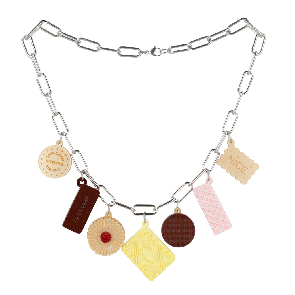 Necklace with various charms on a white background