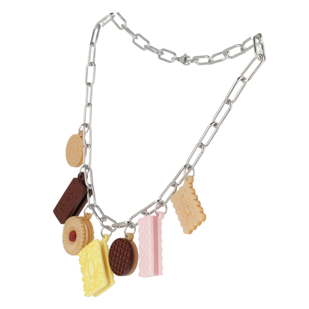 Necklace with cookie-shaped charms on a white background