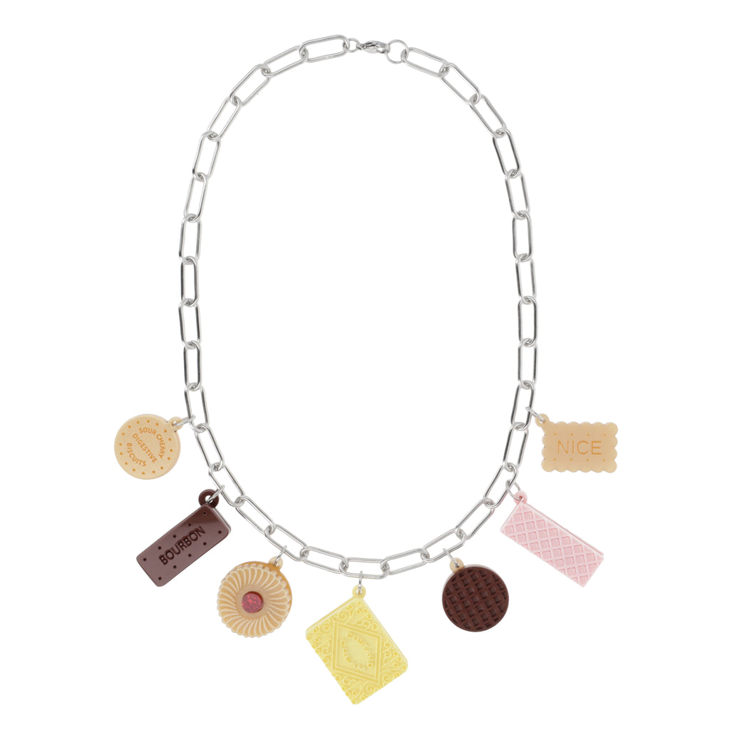 Necklace with various charms on a white background