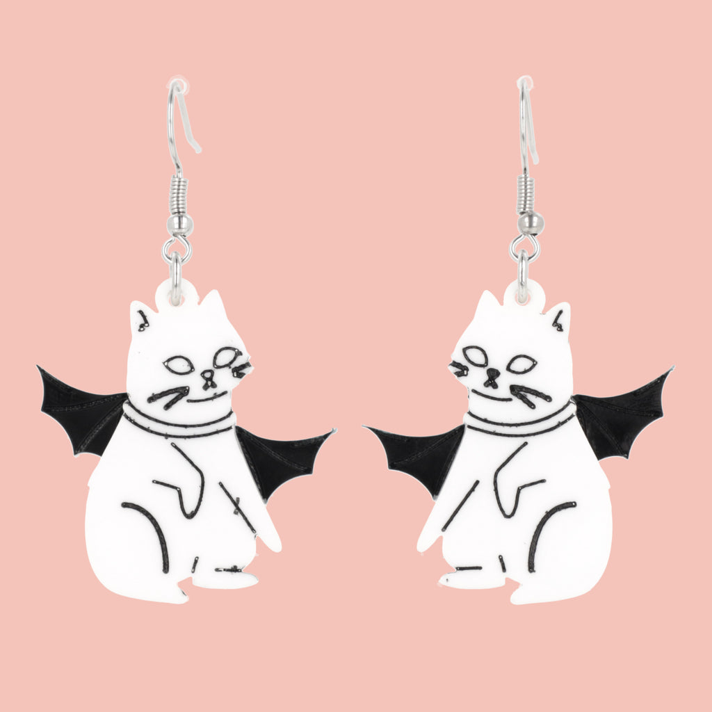 Vam-Purr Bat Cat Earrings - White - Sour Cherry