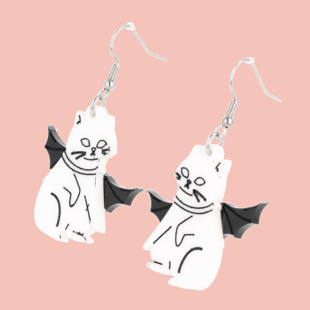 Vam-Purr Bat Cat Earrings - White - Sour Cherry