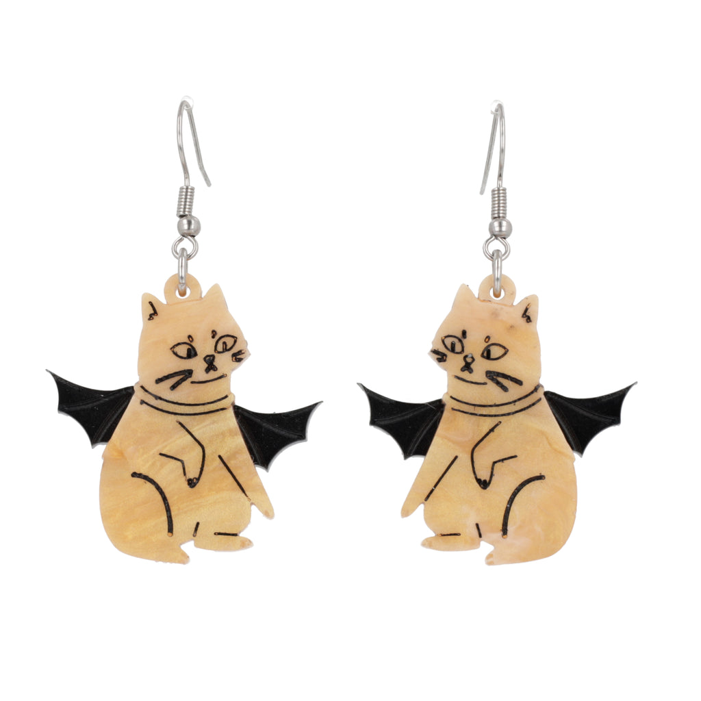 Ginger cat charm with bat wings on stainless steel earwires