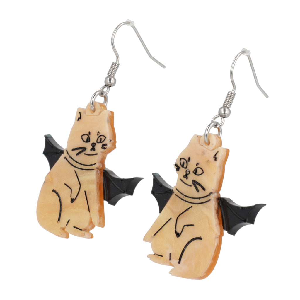 Ginger cat charm with bat wings on stainless steel earwires
