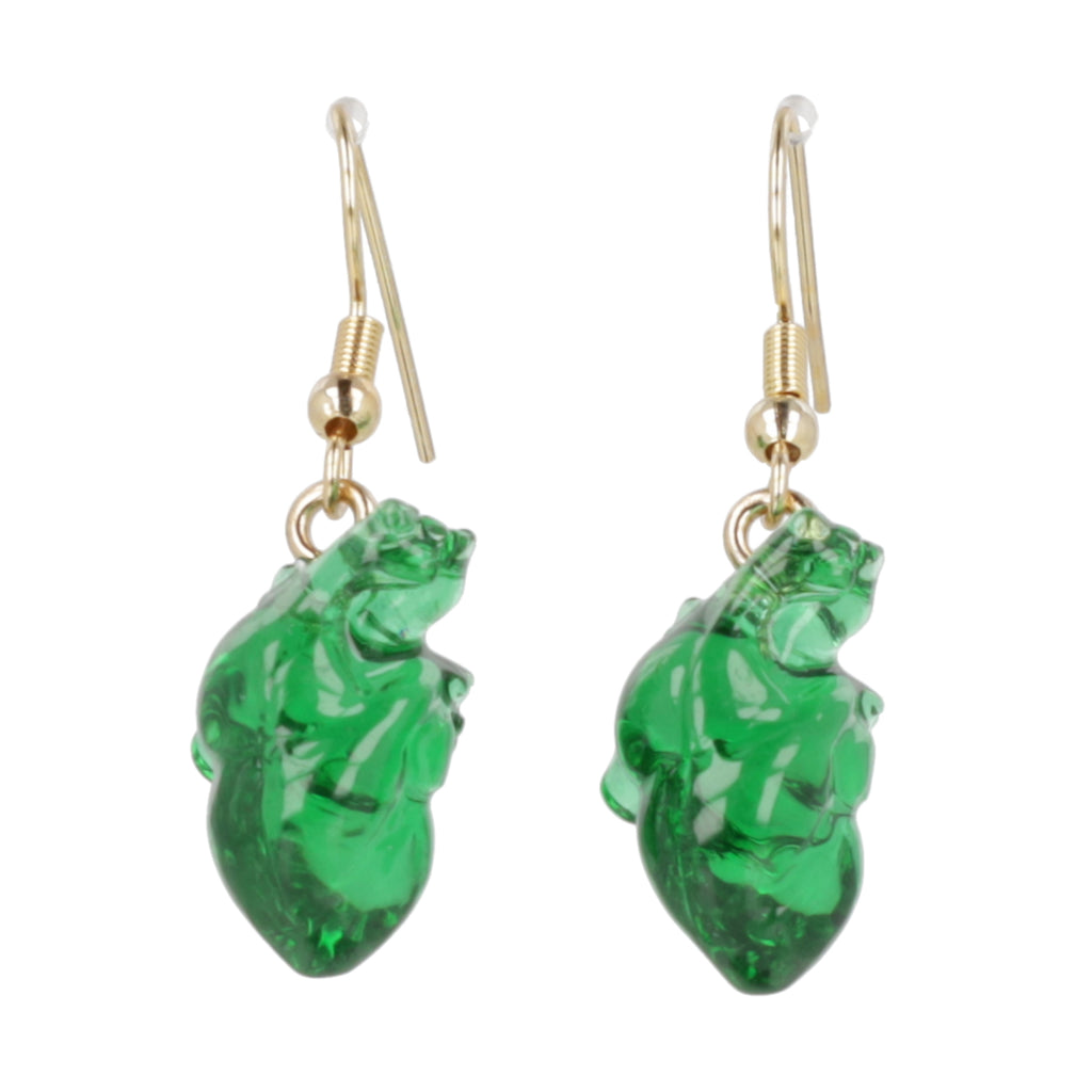 Green human heart charms on gold plated stainless steel earwires