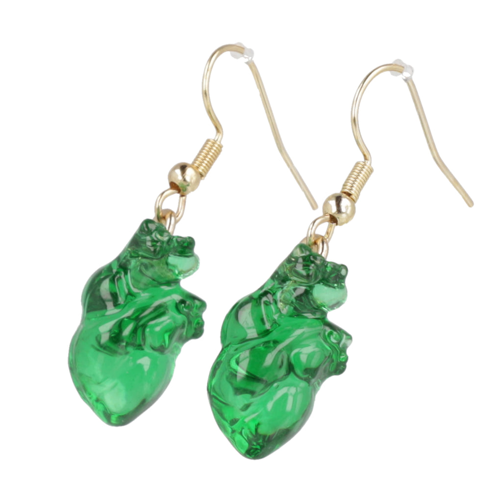 Green human heart charms on gold plated stainless steel earwires