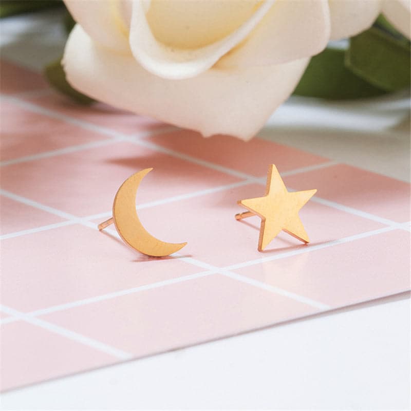 Star & Crescent Moon Stud Earrings (Gold Plated Stainless Steel) - Sour Cherry